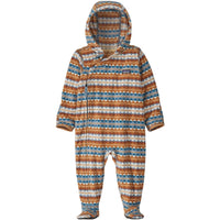 Hooded infant bunting with geometric striped pattern in orange and blue tones