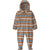 Hooded infant bunting with geometric striped pattern in orange and blue tones