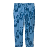 Light blue fleece baby pants with allover dark blue penguin print, flat lay view