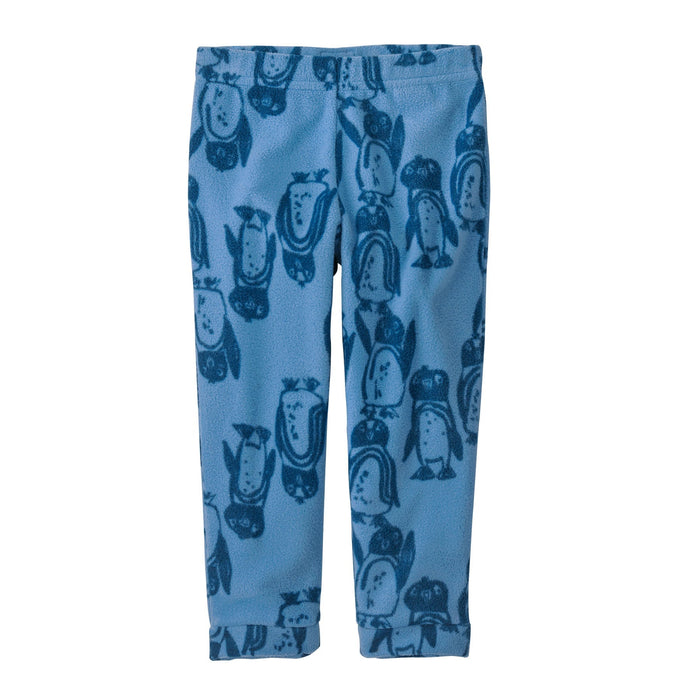 Light blue fleece baby pants with allover dark blue penguin print, flat lay view