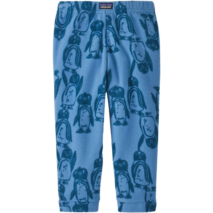 Baby fleece jogger pants in light blue with allover penguin print, back view