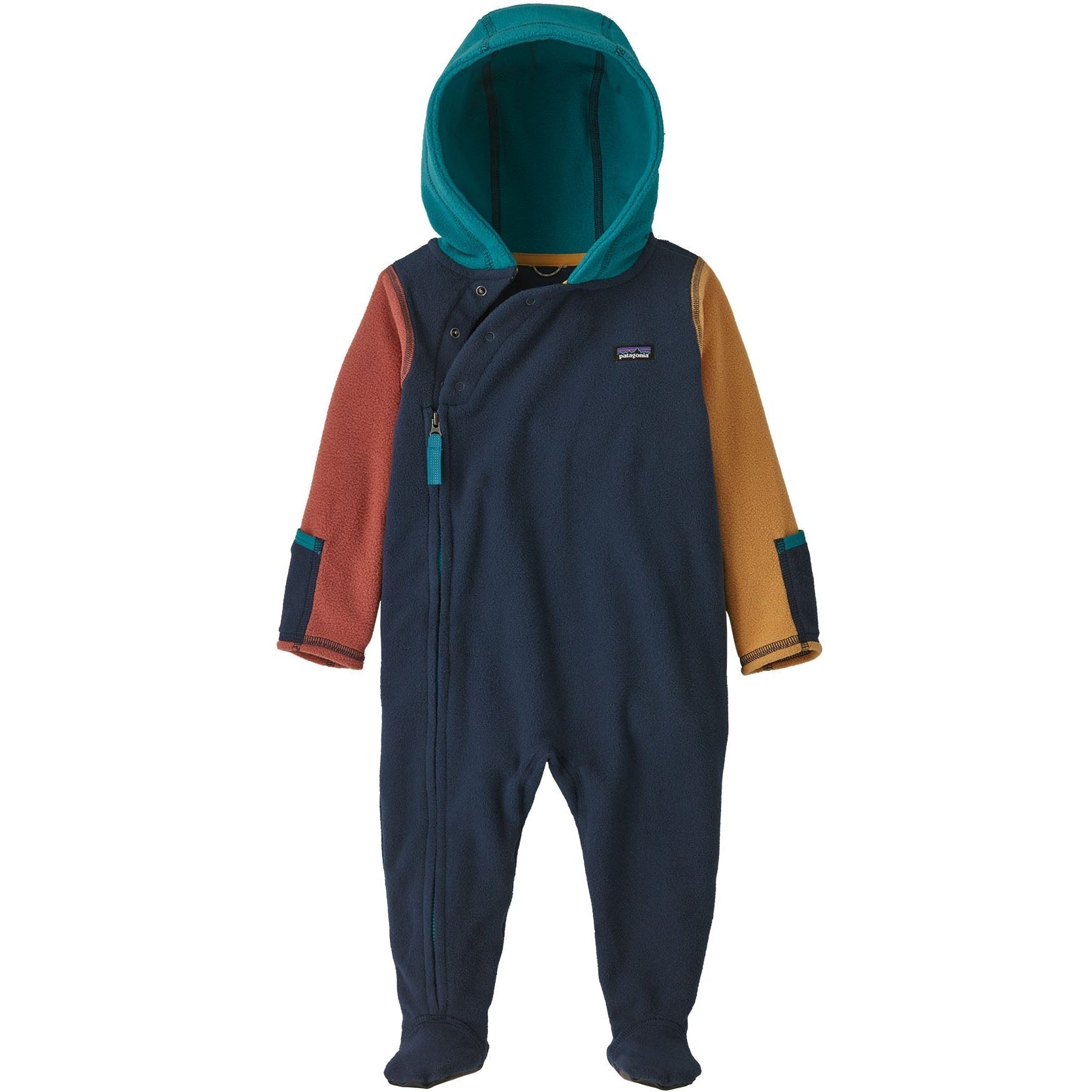 Infant fleece bunting suit with colorblock sleeves, teal hood, front zipper, and footed bottom