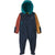 Infant fleece bunting suit with colorblock sleeves, teal hood, front zipper, and footed bottom