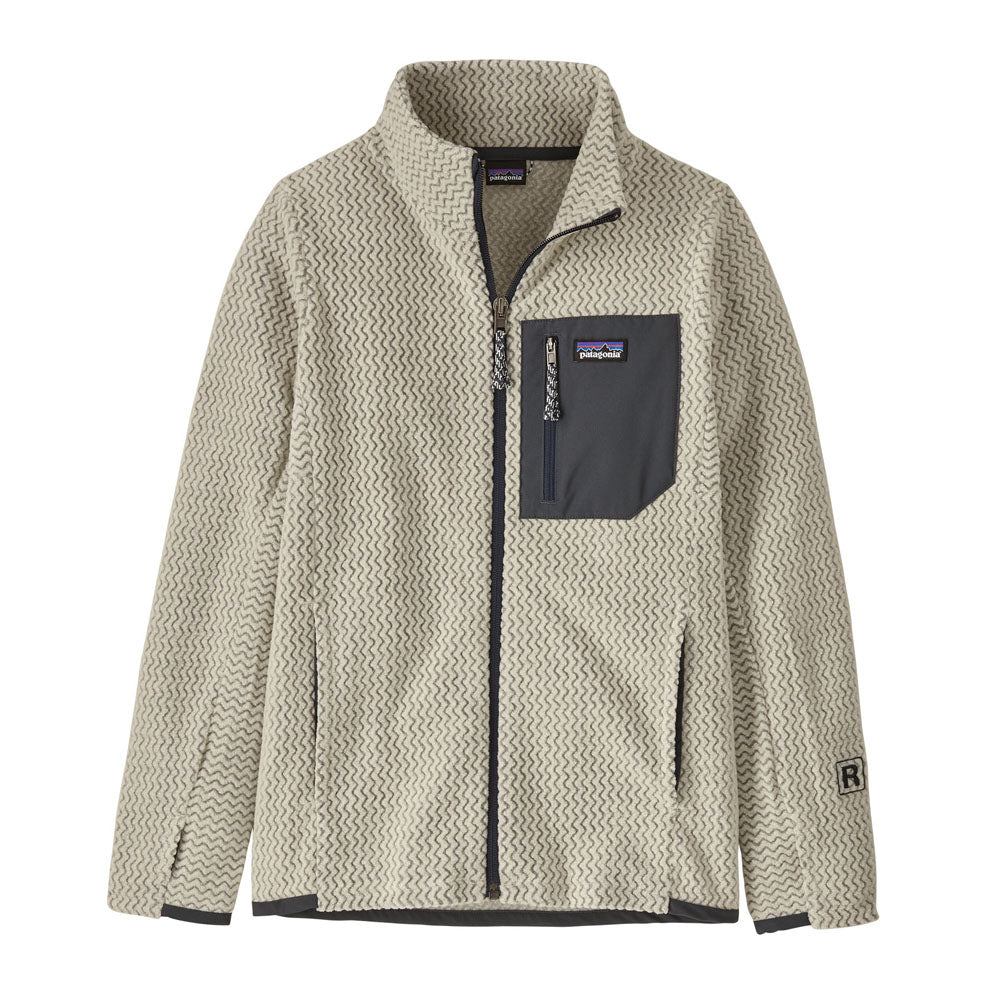 Kids' full-zip fleece jacket with wavy textured pattern, stand collar, and zippered chest pocket, front view