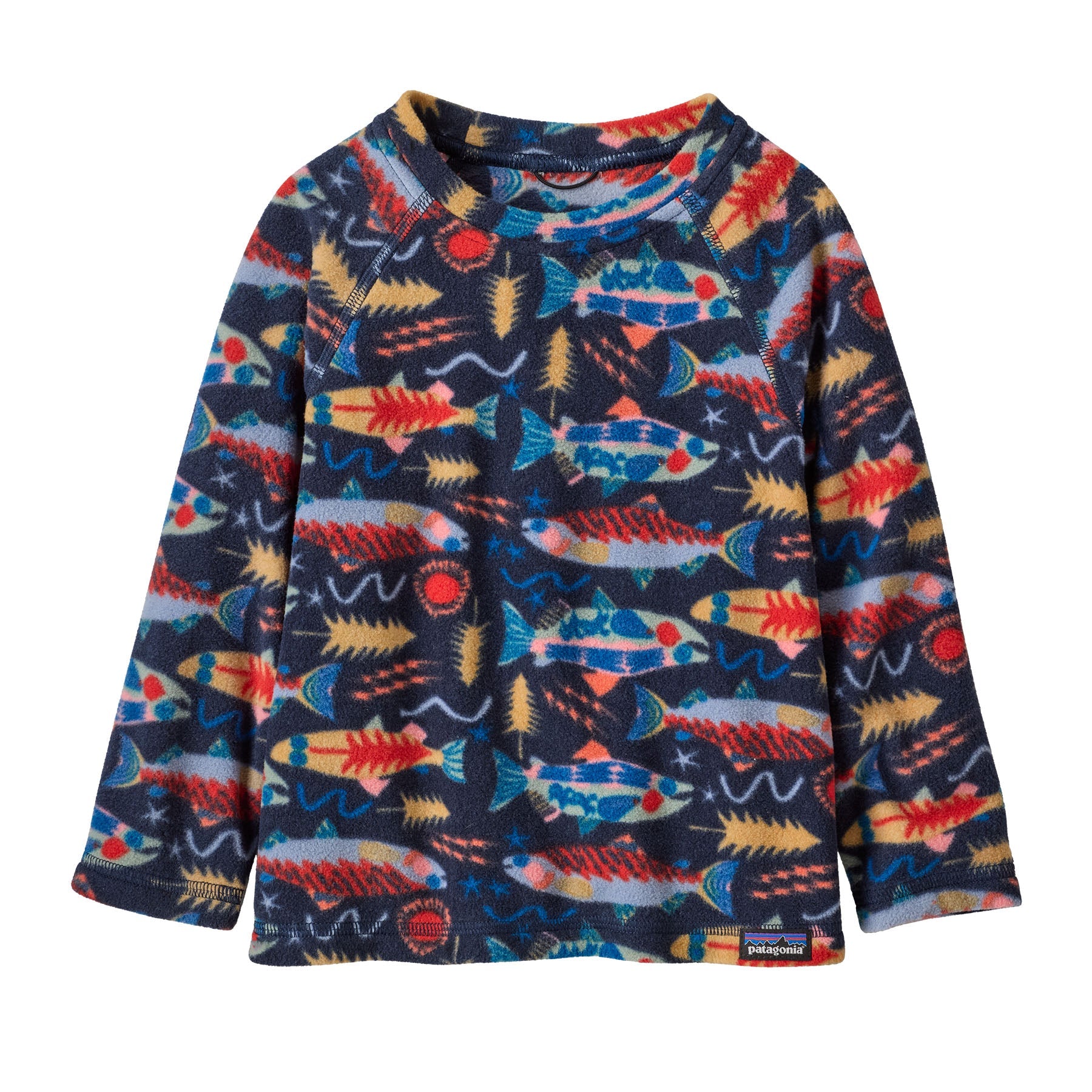 Navy fleece pullover with colorful fish pattern, crew neck and long sleeves