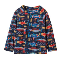 Navy fleece pullover with colorful fish pattern, crew neck and long sleeves