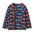 Navy fleece pullover with colorful fish pattern, crew neck and long sleeves