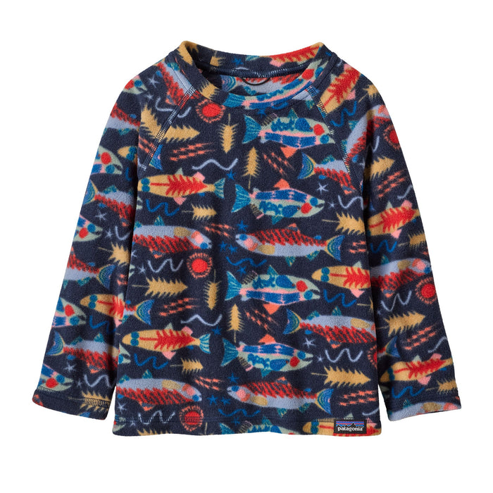 Navy fleece pullover with colorful fish pattern, crew neck and long sleeves