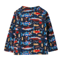Navy fleece pullover with colorful fish and fishing lure pattern, back view