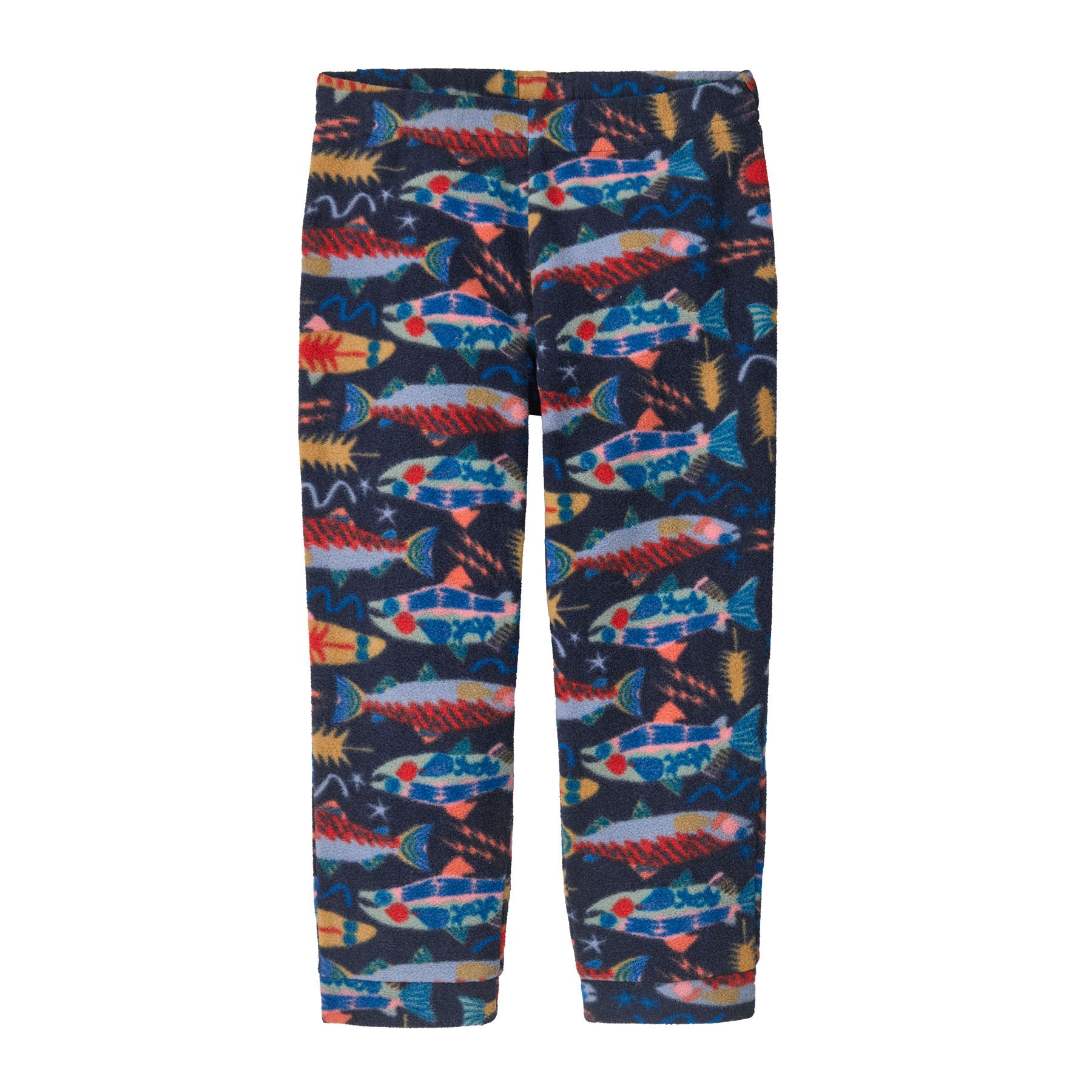 Navy fleece pants with colorful fish and underwater pattern print, front view