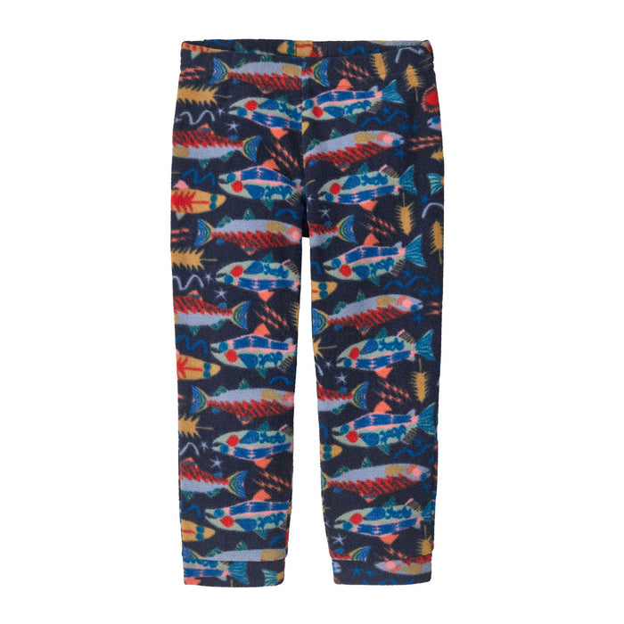 Navy fleece pants with colorful fish and underwater pattern print, front view
