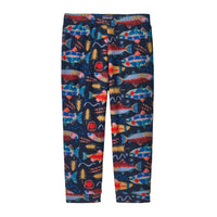 Baby fleece pants with colorful geometric pattern on navy background, front view