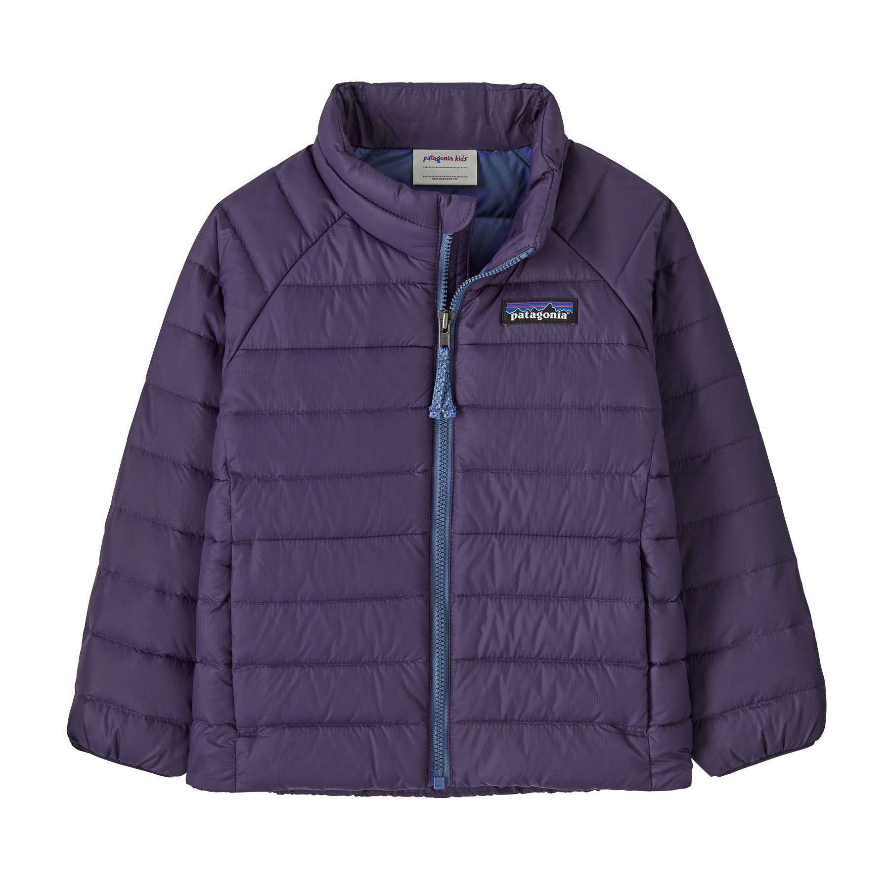 Purple quilted baby down jacket with full zip, stand collar, and puffer panels, front view
