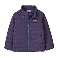 Purple quilted baby down jacket with full zip, stand collar, and puffer panels, front view