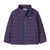 Purple quilted baby down jacket with full zip, stand collar, and puffer panels, front view