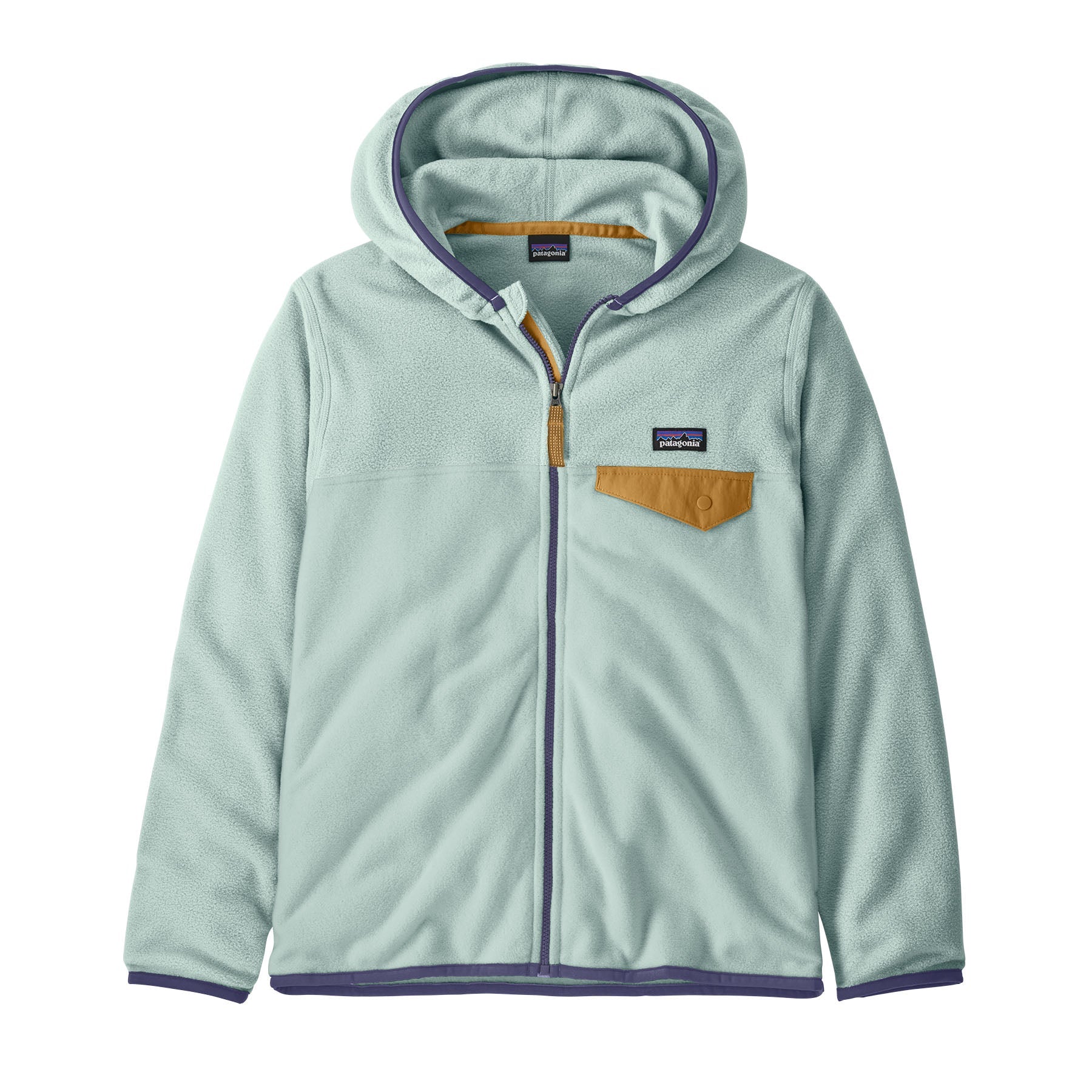 Kids' mint green fleece full-zip hoodie with mustard chest pocket and purple trim, front view