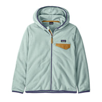 Kids' mint green fleece full-zip hoodie with mustard chest pocket and purple trim, front view