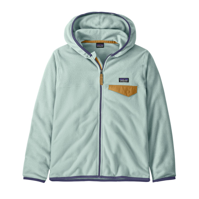 Kids' mint green fleece full-zip hoodie with mustard chest pocket and purple trim, front view