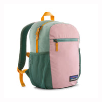 Kids' small daypack with pink front panel, mint green top, dark green straps, and yellow zipper pulls