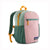 Kids' small daypack with pink front panel, mint green top, dark green straps, and yellow zipper pulls