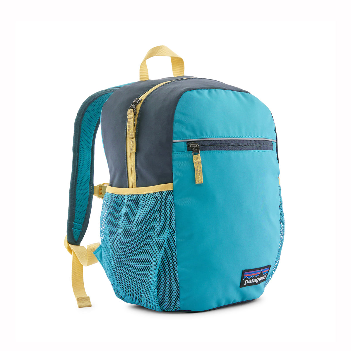 Kids' small backpack with teal and gray colorblock design, yellow zipper pulls, and mesh side pocket