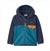 Baby hooded fleece zip-up jacket in teal and navy colorblock with orange chest pocket, front view