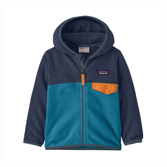 Baby hooded fleece zip-up jacket in teal and navy colorblock with orange chest pocket, front view