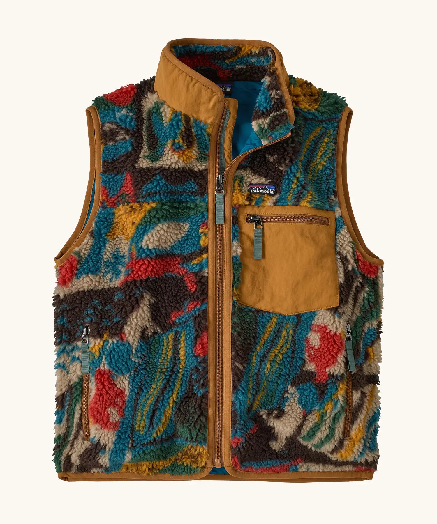 Kids' sherpa fleece vest with colorful print, full zip, and tan chest pocket, front view