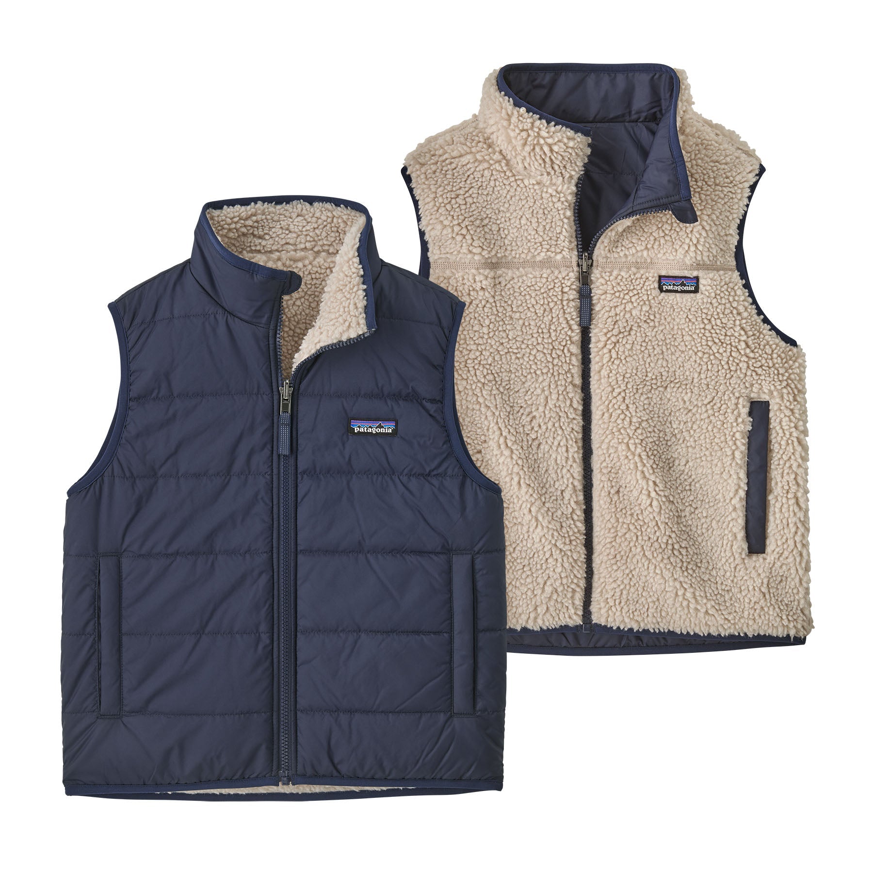Reversible kids vest showing both sides: navy quilted exterior and cream sherpa fleece interior