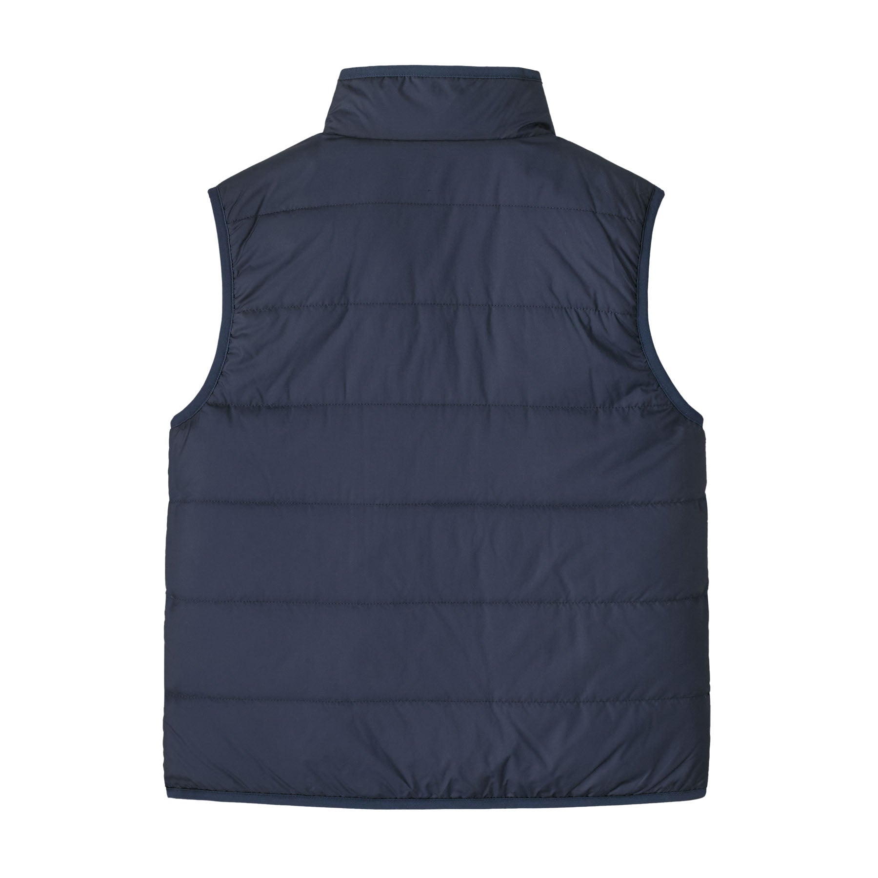 Kids' reversible puffer vest in dark navy, back view showing quilted panels and stand collar