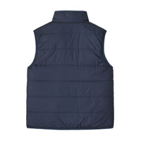 Kids' reversible puffer vest in dark navy, back view showing quilted panels and stand collar