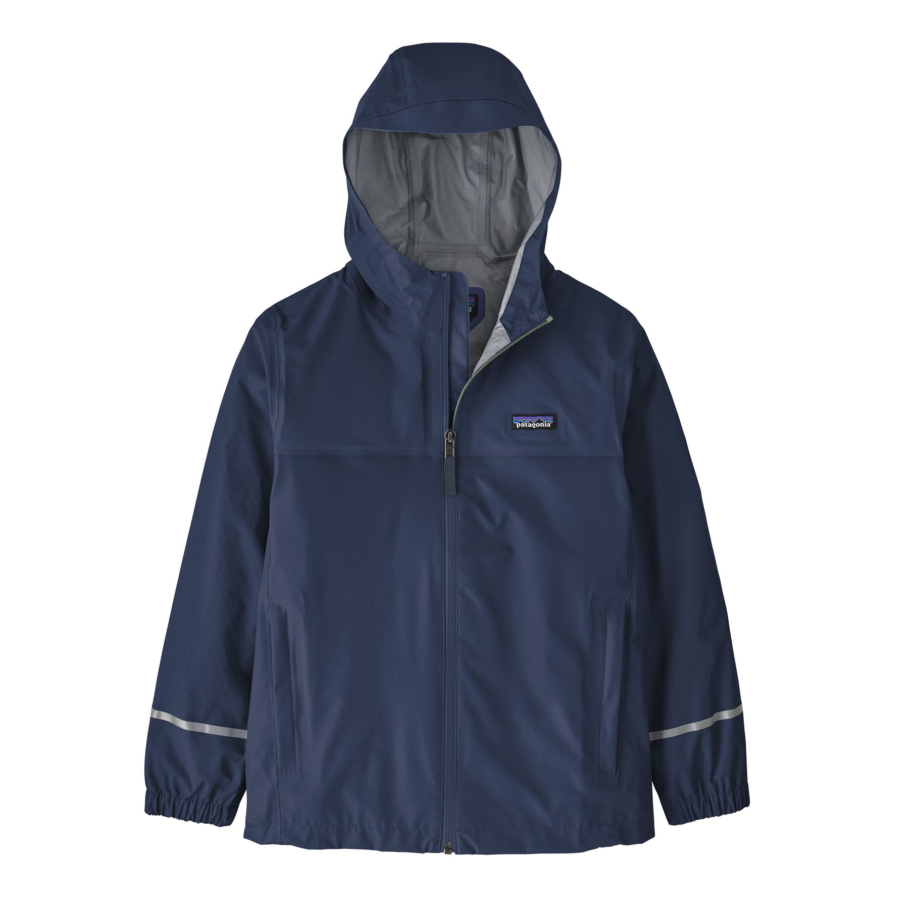 Navy blue rain jacket with hood up, full zip closure and reflective trim details