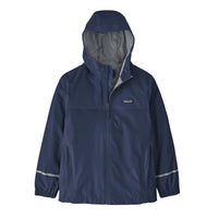 Navy blue rain jacket with hood up, full zip closure and reflective trim details