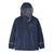 Navy blue rain jacket with hood up, full zip closure and reflective trim details