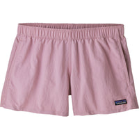 Women's athletic shorts in dusty pink with elastic waistband and side pockets, flat lay view