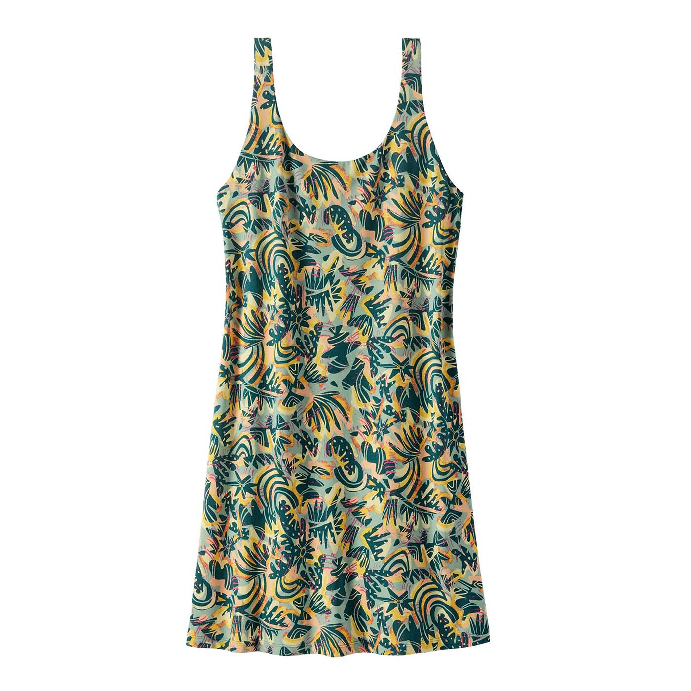Sleeveless dress with colorful tropical botanical print in teal and yellow tones, front view
