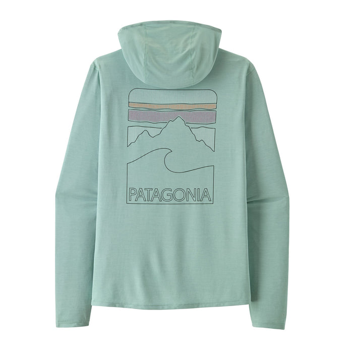 Light green hooded long-sleeve shirt shown from back with mountain graphic and hood up