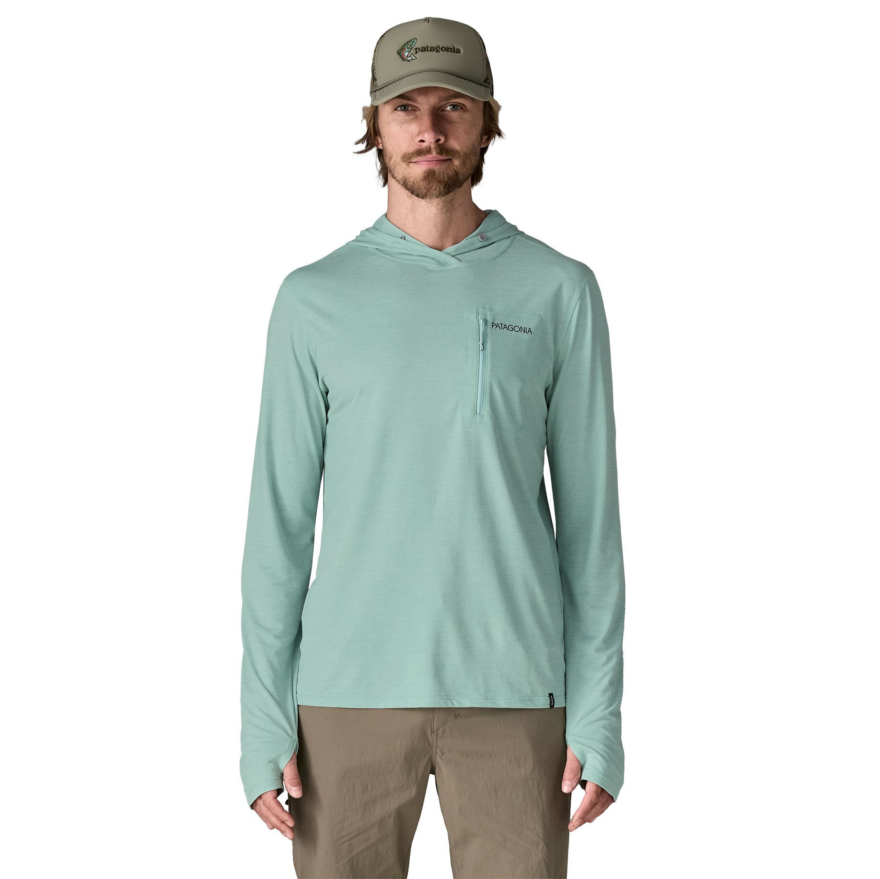 Light green hooded long-sleeve shirt with chest pocket and drawstrings, front view on model