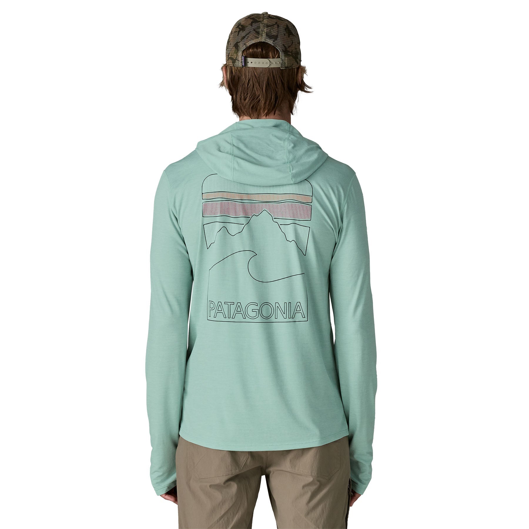 Light green hooded long sleeve shirt with mountain graphic on back, rear view