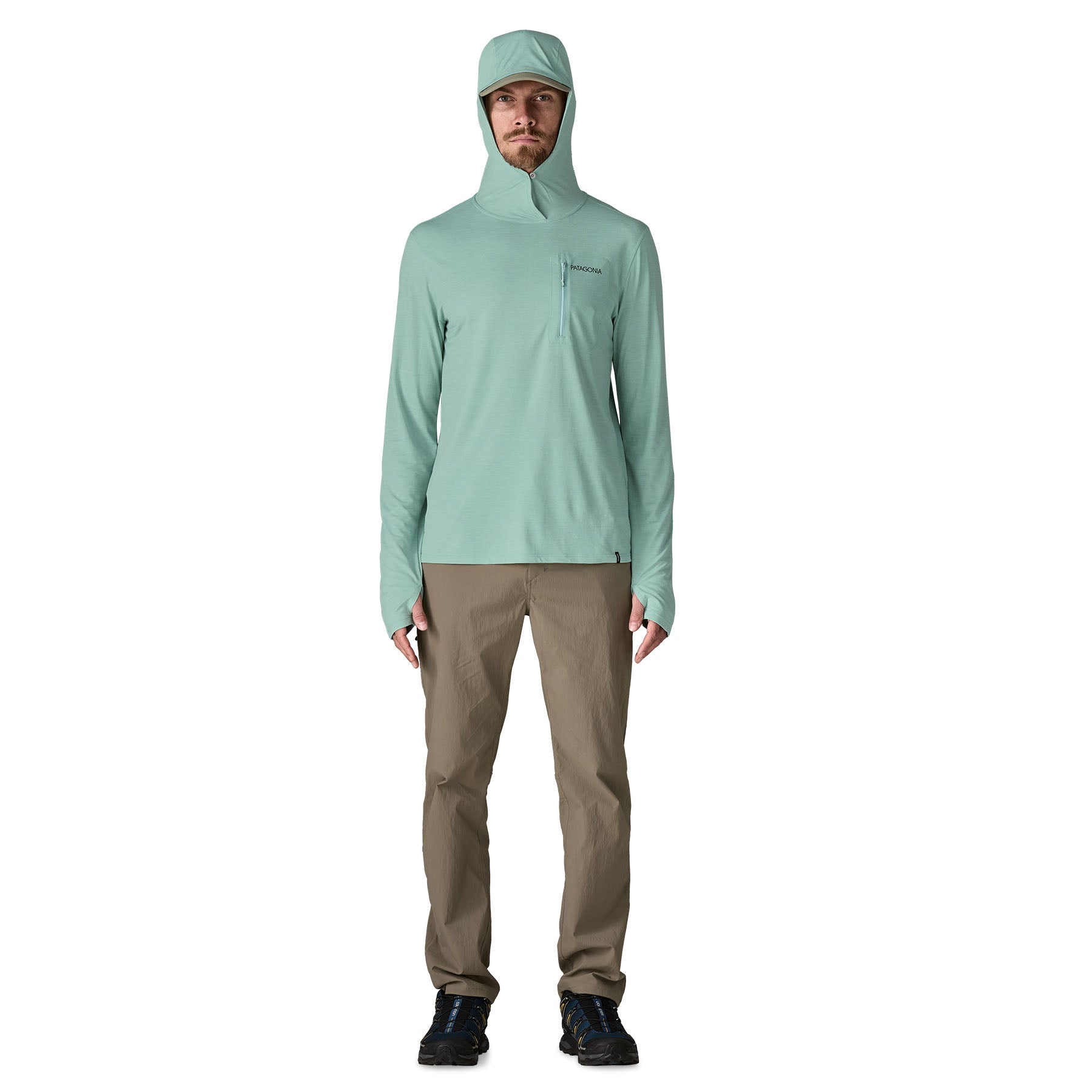 Light green hooded sun protection shirt with quarter-zip and thumb holes, modeled front view