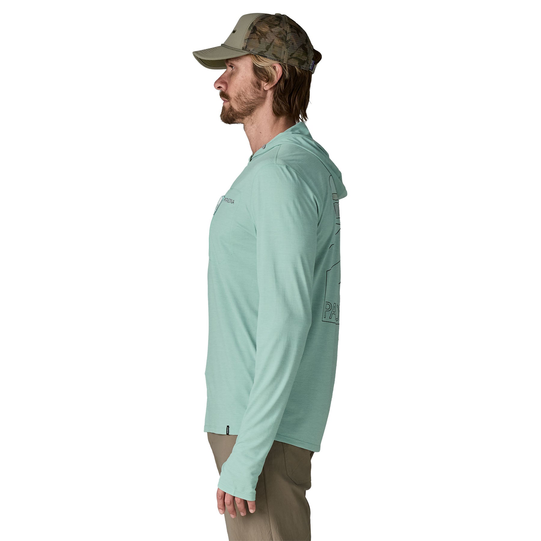 Light green long-sleeve hooded sun shirt shown in profile view on model