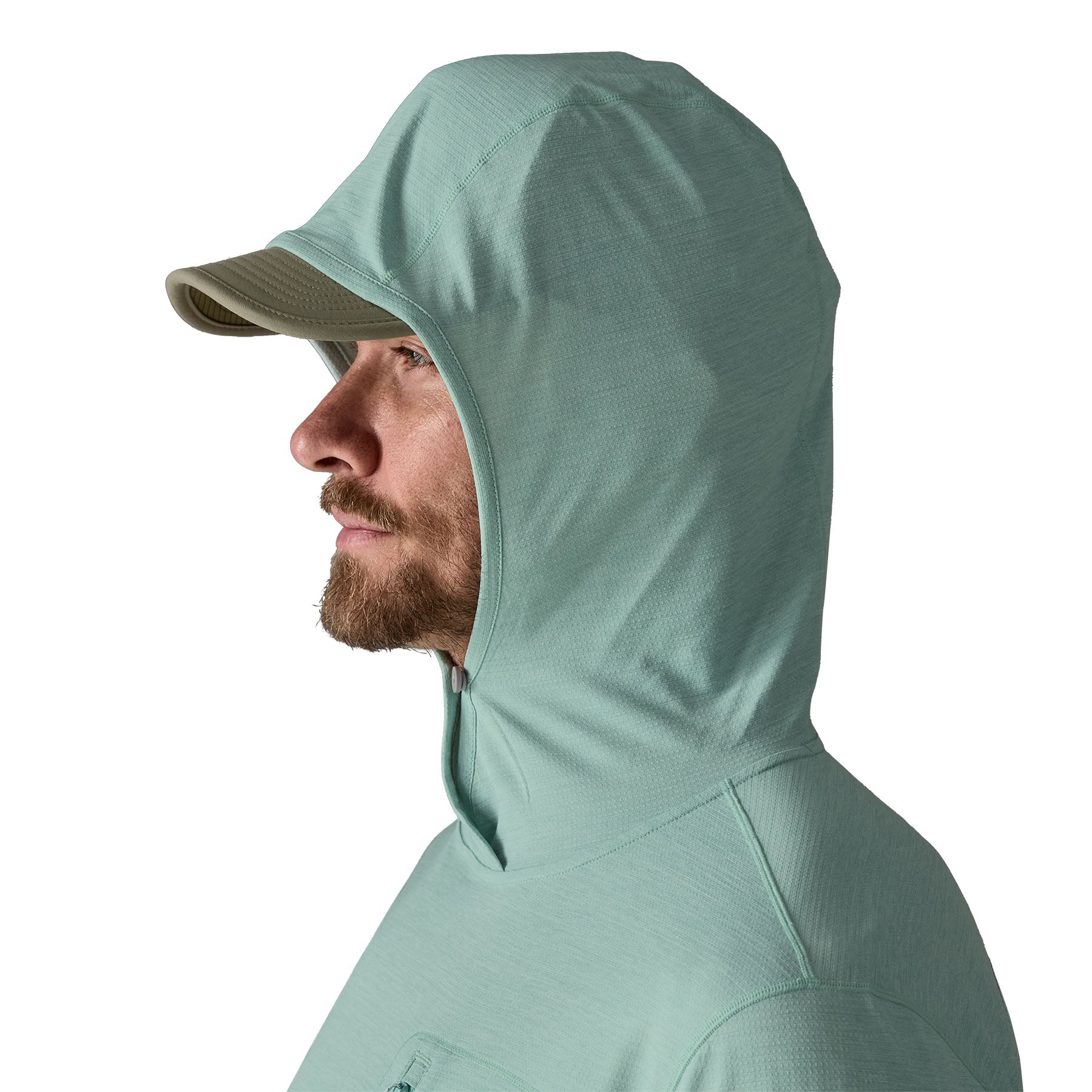 Sage green sun protection hoody with built-in cap visor, side profile view showing hood up