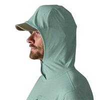 Sage green sun protection hoody with built-in cap visor, side profile view showing hood up
