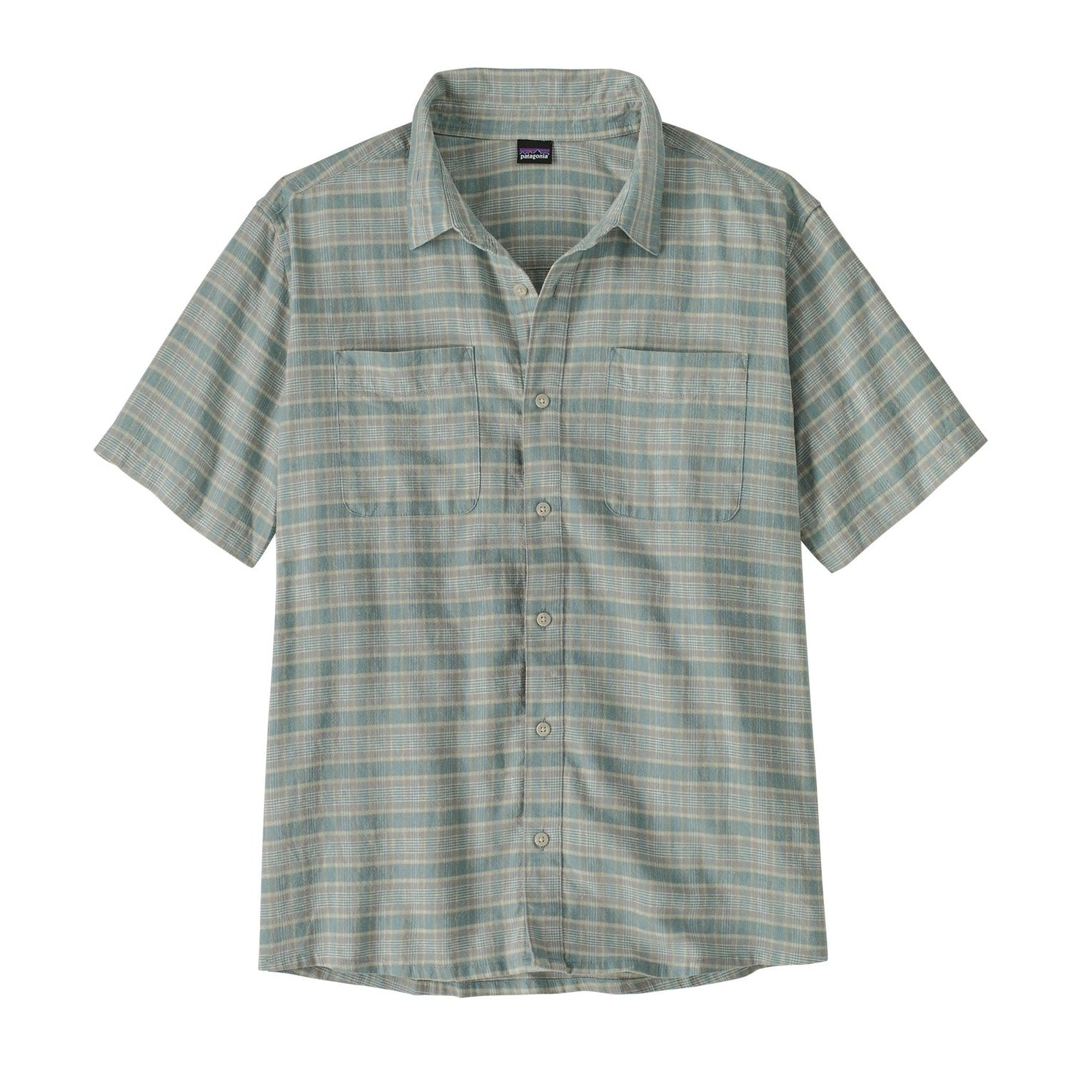 Light blue and gray plaid short-sleeve button-up shirt with chest pockets, front view