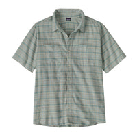 Light blue and gray plaid short-sleeve button-up shirt with chest pockets, front view