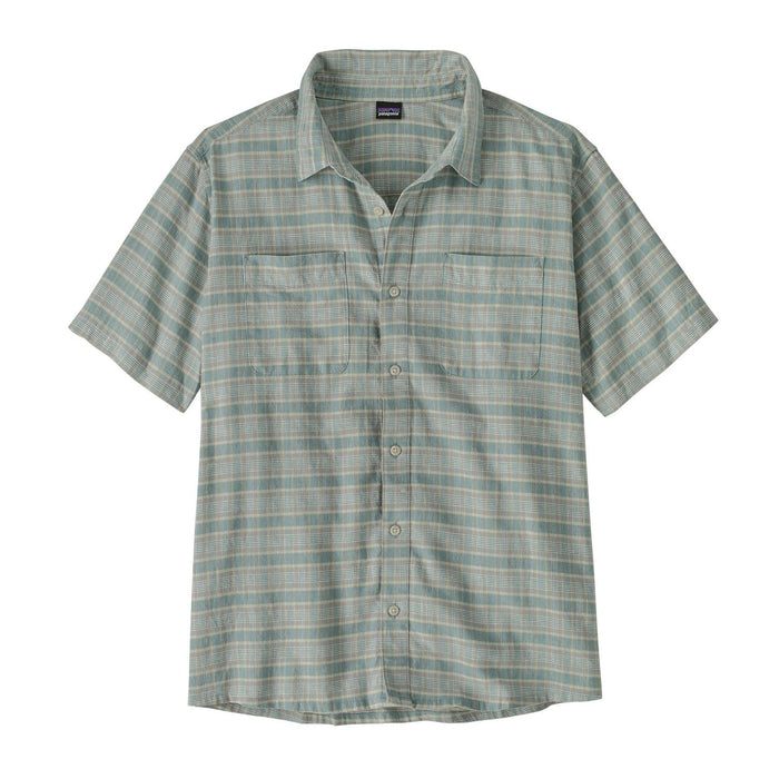 Light blue and gray plaid short-sleeve button-up shirt with chest pockets, front view
