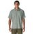 Short-sleeve button-up shirt with sage green and tan plaid pattern, front view