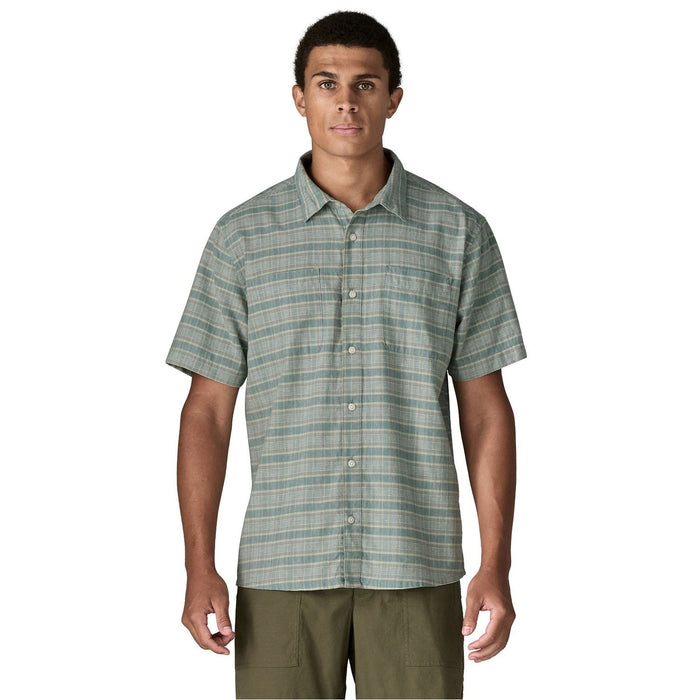 Short-sleeve button-up shirt with sage green and tan plaid pattern, front view