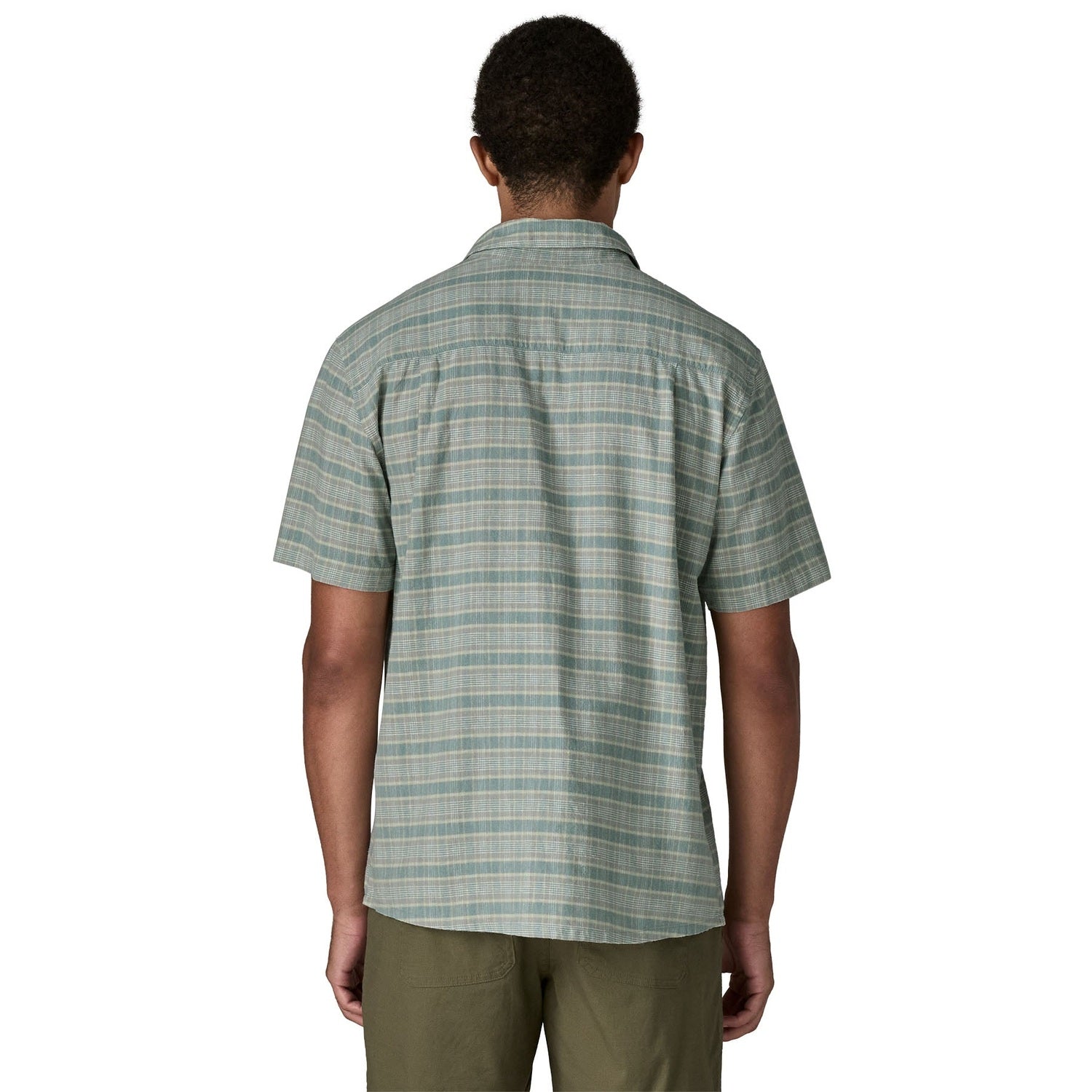 Light blue plaid short-sleeve button-up shirt shown from back view on model