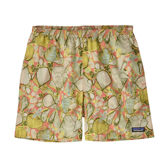 Men's swim shorts with coral background featuring colorful seashell and marine life pattern